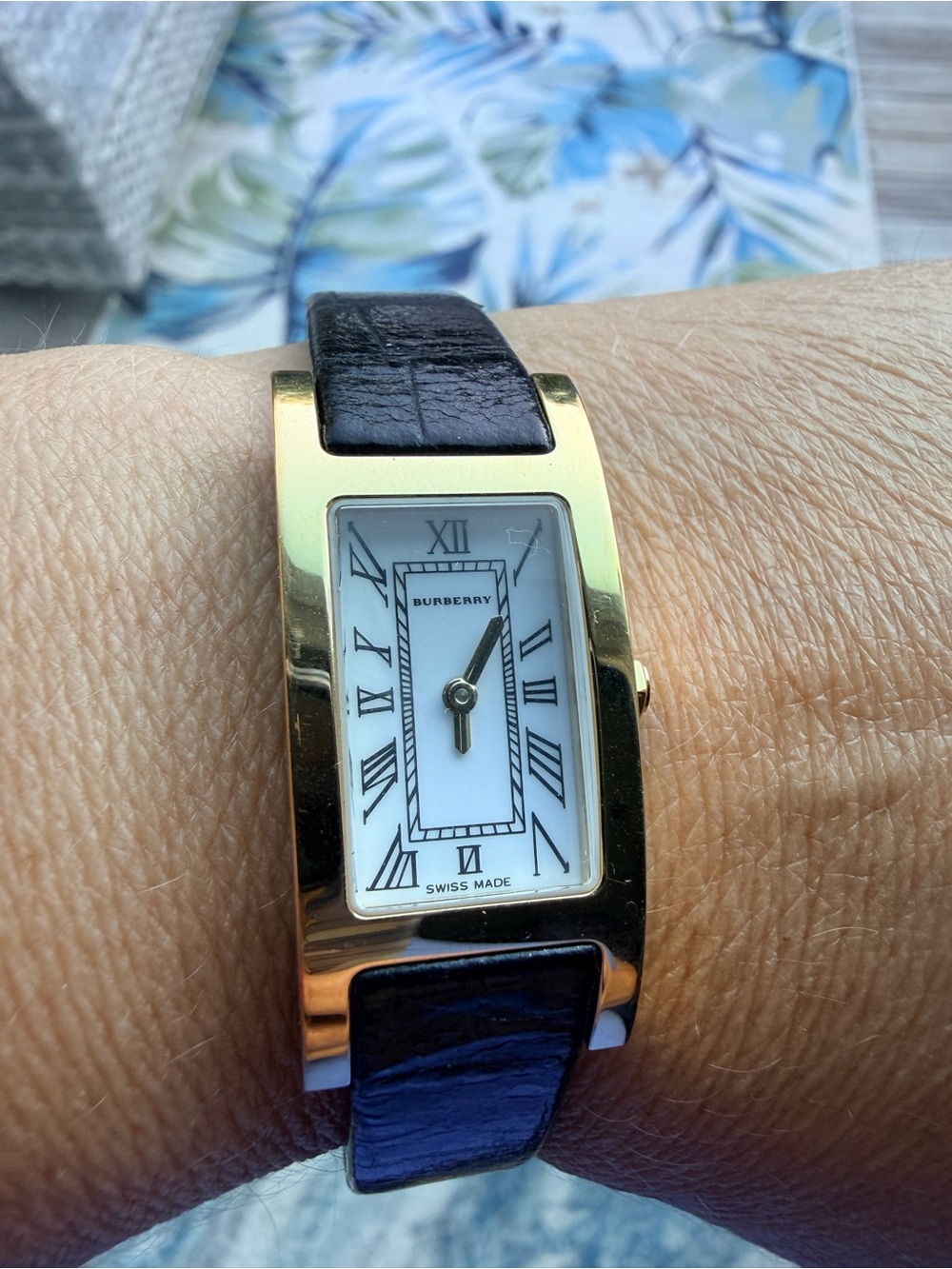 Woman’s Burberry Gold-Tone Rectangular Watch with Black Leather Strap with tag. - Picture 10 of 11